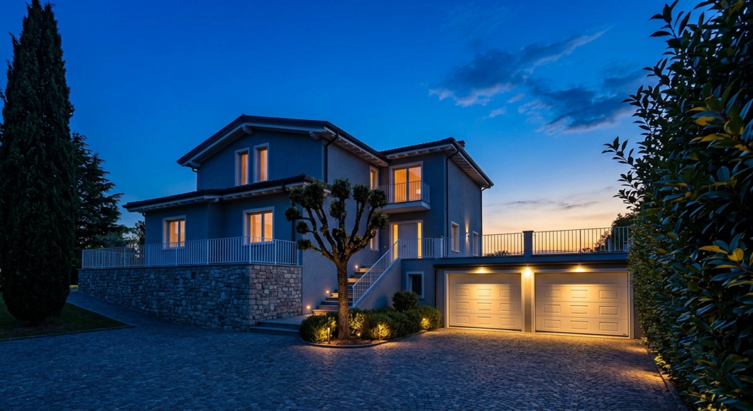 Villa con garage illuminato in una sera d'estate