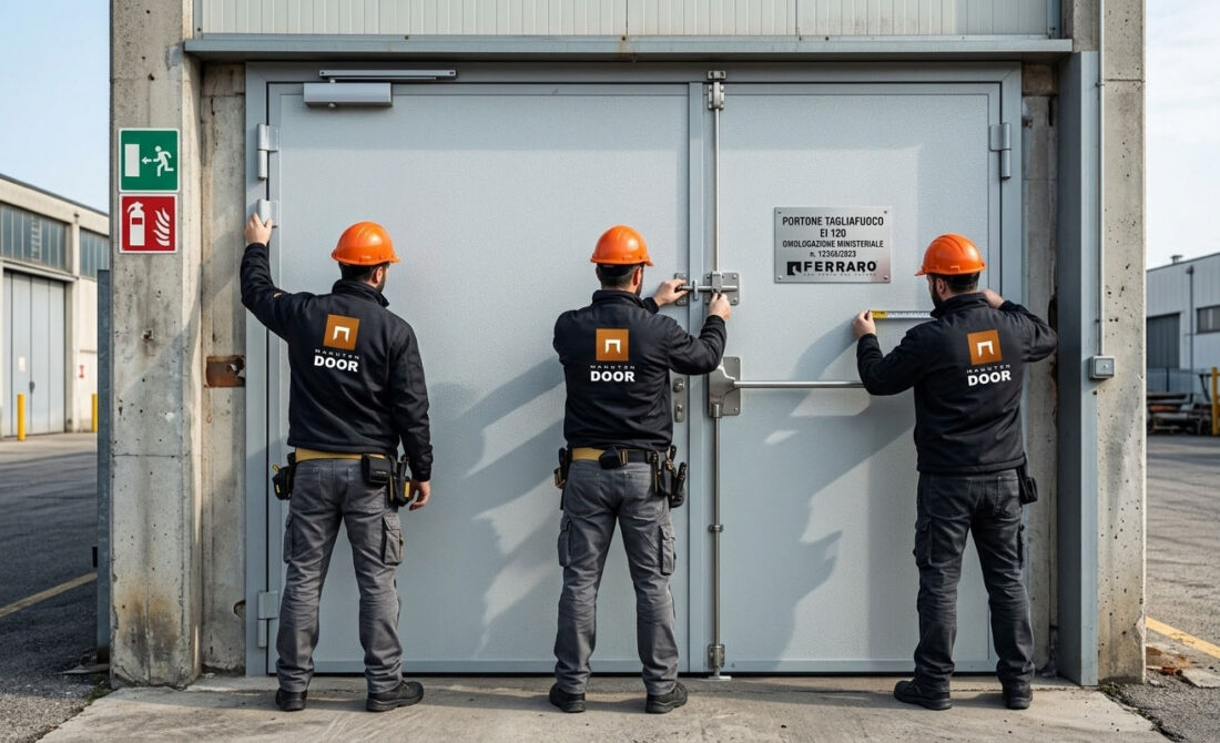 Tecnico qualificato durante la manutenzione porte tagliafuoco Ferraro Group