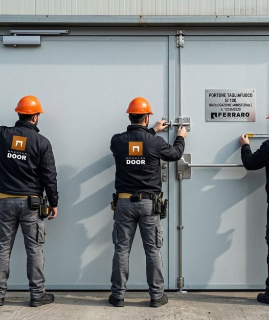 Tecnico qualificato durante la manutenzione porte tagliafuoco Ferraro Group